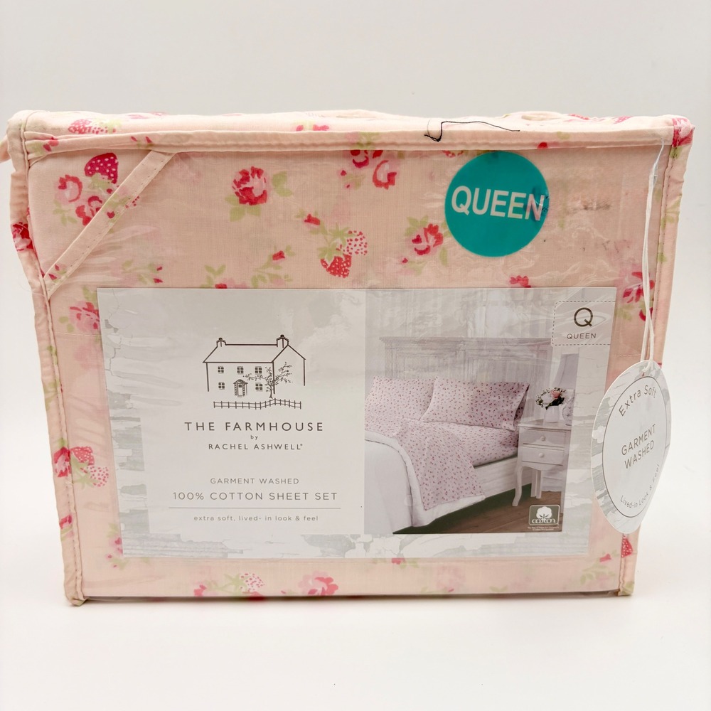 Rachel Ashwell The Farmhouse Queen Sheet‎ Set Pink Floral Strawberry 100% Cotton